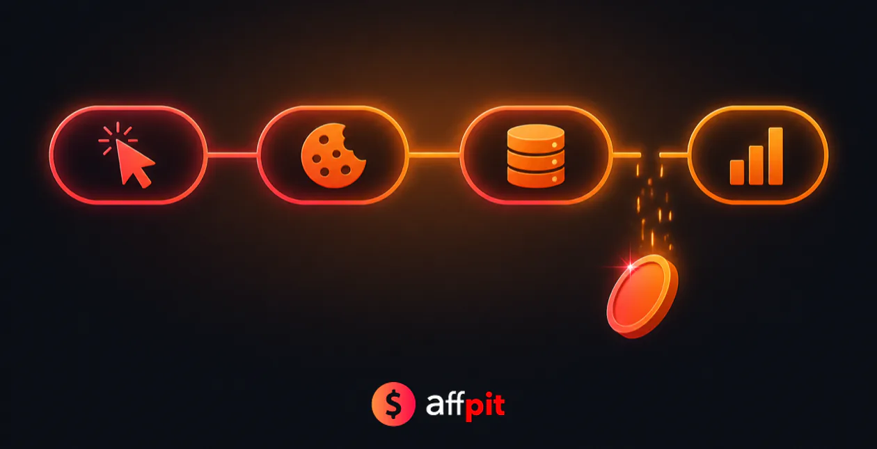 How affiliate tracking software works: click, cookie and database chain with a commission slipping through a broken link